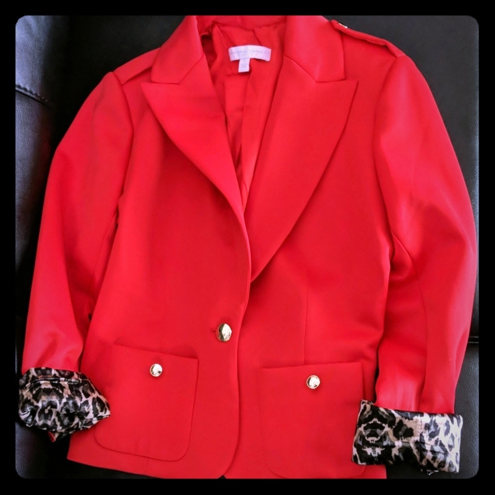 Womens Red Jacket with leopard print cuffs
